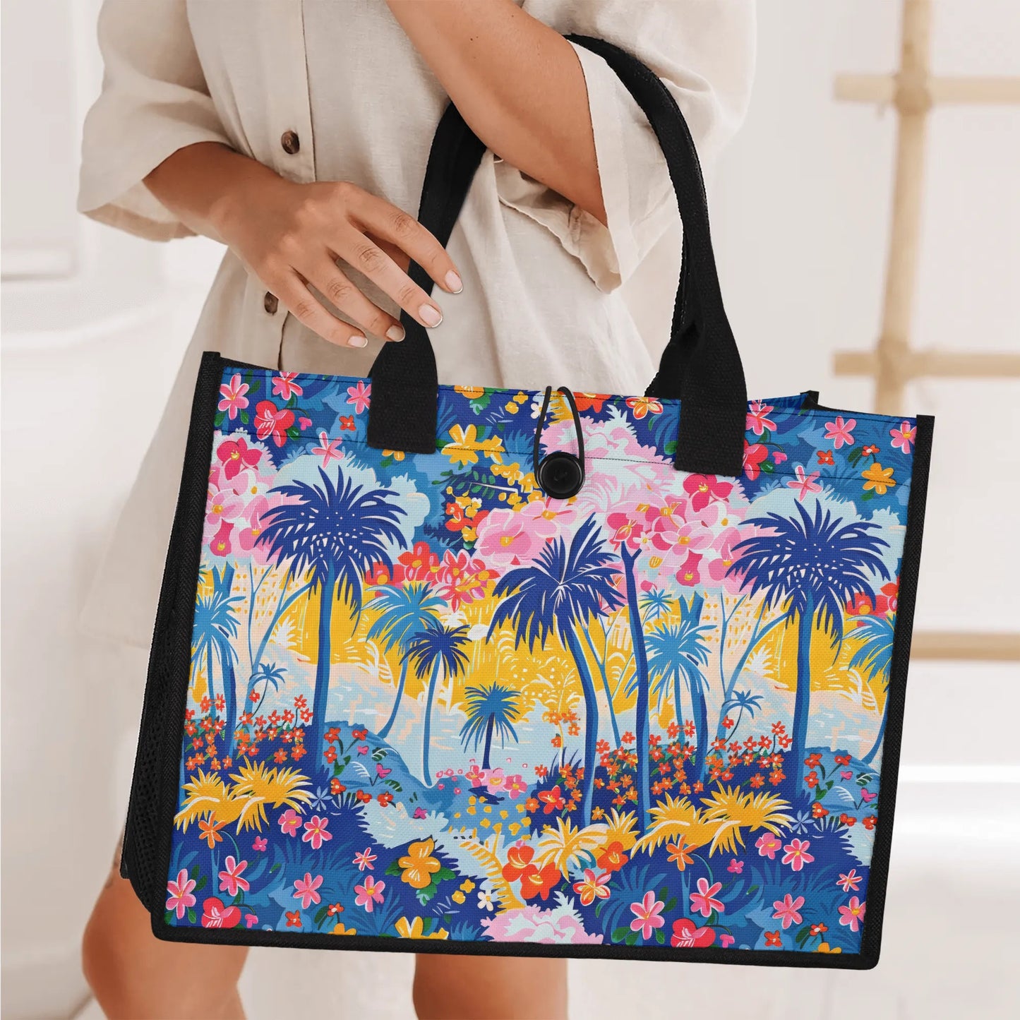 Tropical Fiesta: Playful Blues, Yellow, and Pink Dancing Amongst Tropical Flowers and Palm Trees Structured Button Closure Canvas Tote Bag in 2 Sizes