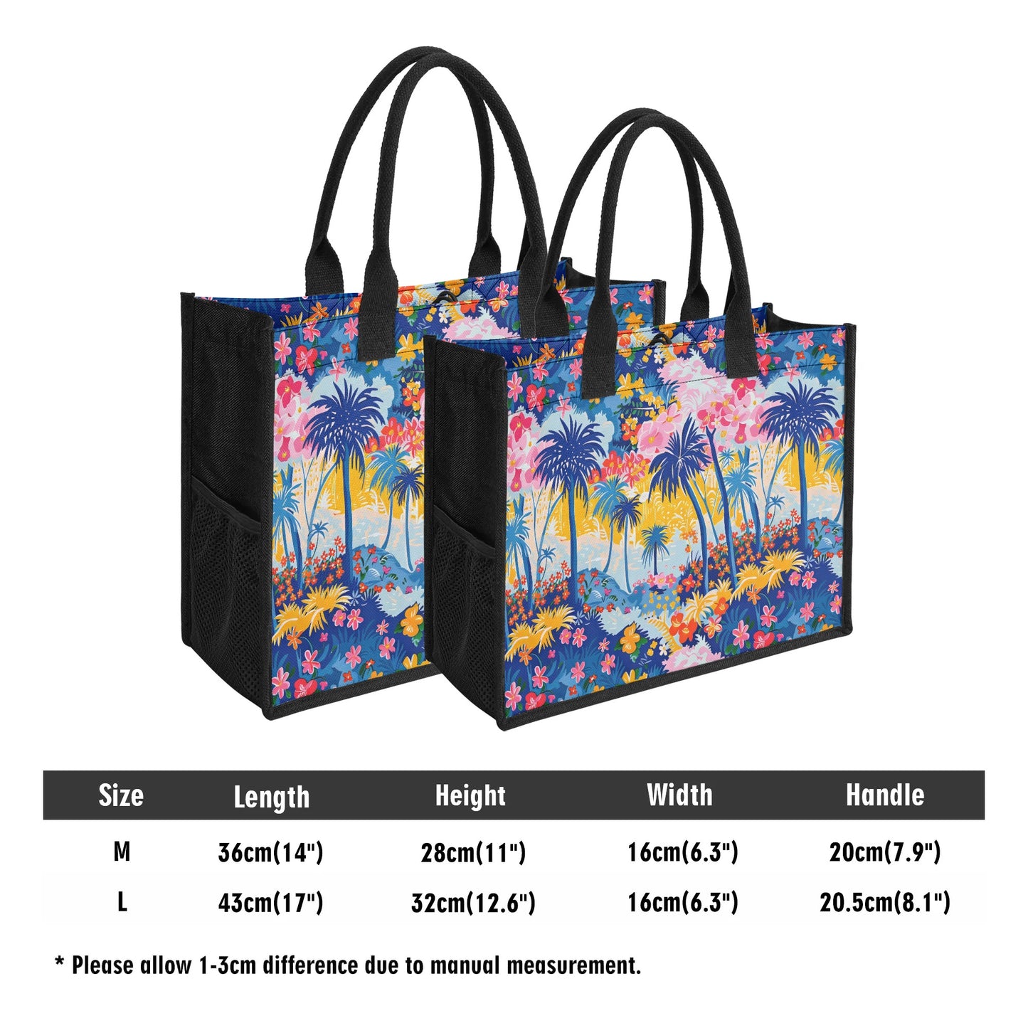 Tropical Fiesta: Playful Blues, Yellow, and Pink Dancing Amongst Tropical Flowers and Palm Trees Structured Button Closure Canvas Tote Bag in 2 Sizes