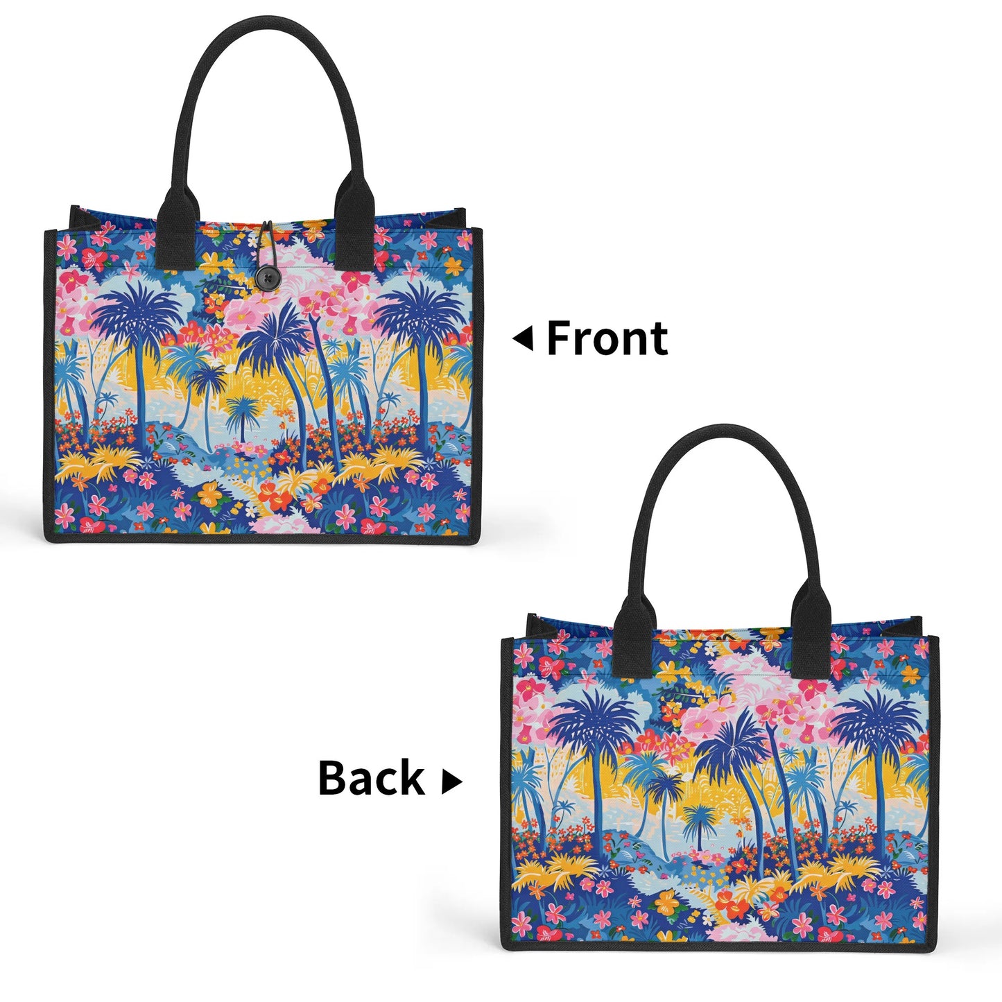 Tropical Fiesta: Playful Blues, Yellow, and Pink Dancing Amongst Tropical Flowers and Palm Trees Structured Button Closure Canvas Tote Bag in 2 Sizes