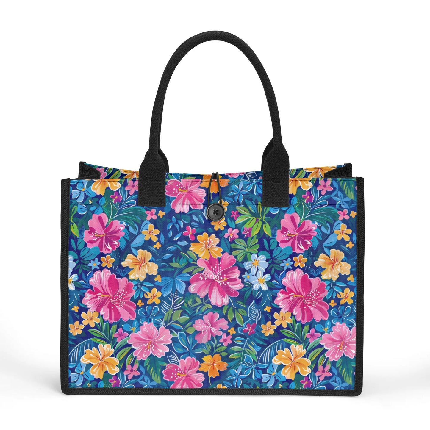 Tropical Sunrise Bloom: Pink Watercolor Flowers with Yellow and Blue Accents Structured Button Closure Canvas Tote Bag in 2 Sizes