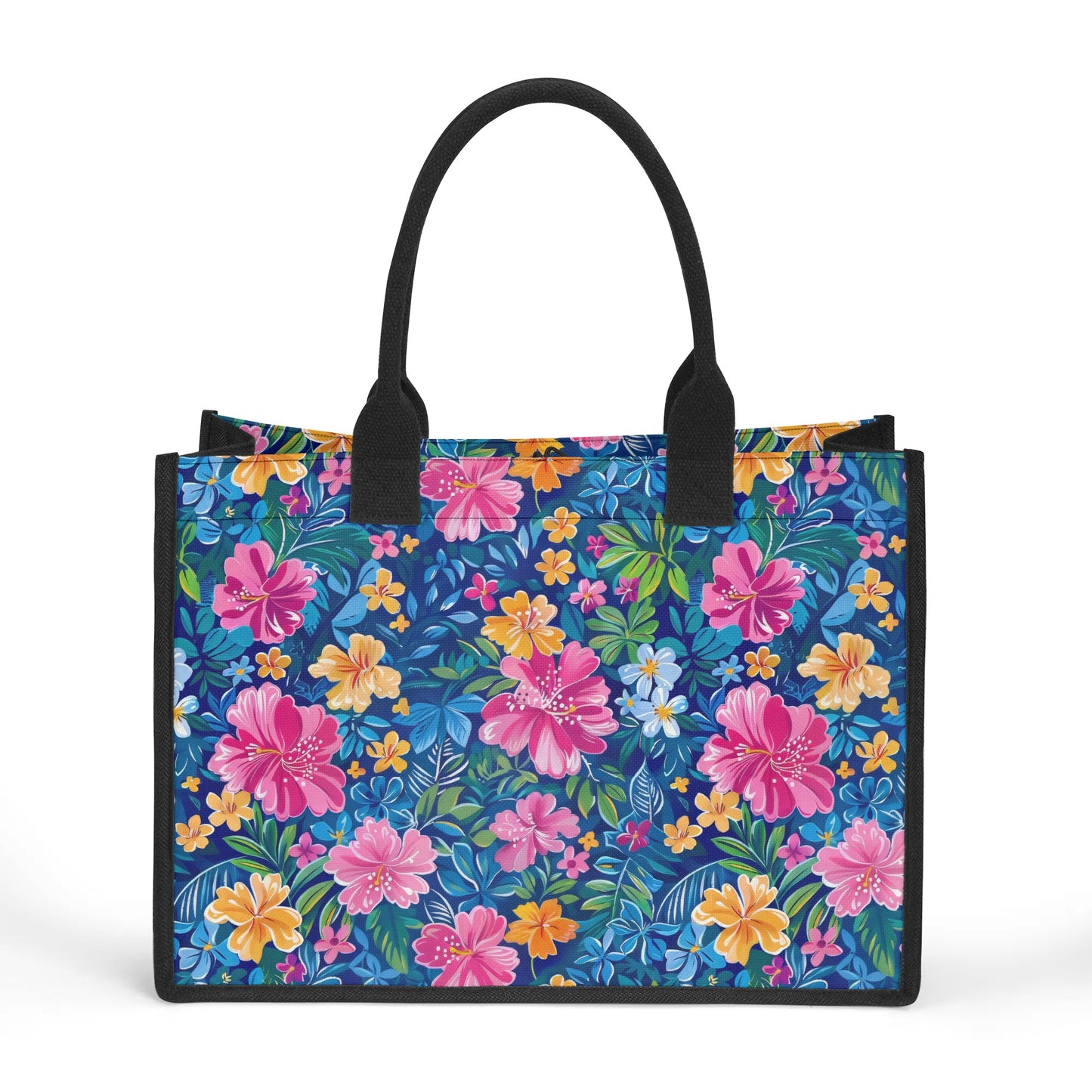 Tropical Sunrise Bloom: Pink Watercolor Flowers with Yellow and Blue Accents Structured Button Closure Canvas Tote Bag in 2 Sizes