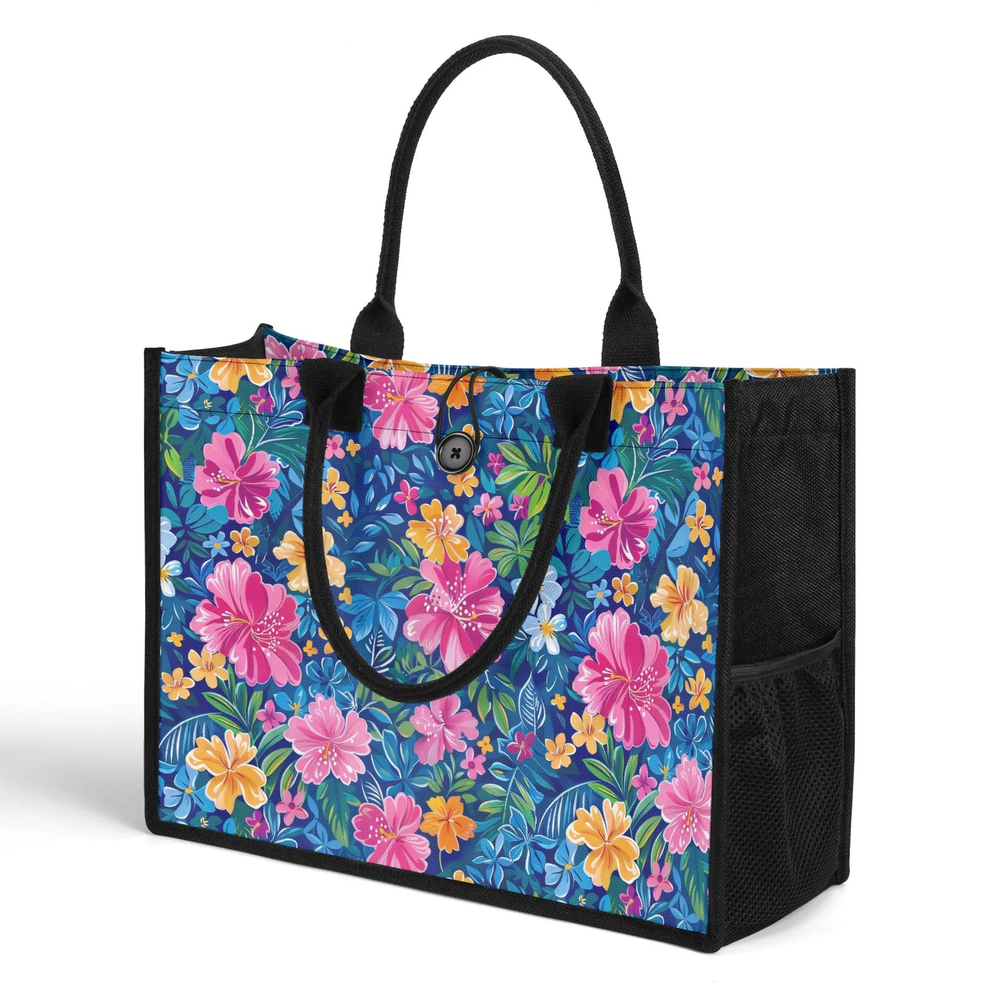 Tropical Sunrise Bloom: Pink Watercolor Flowers with Yellow and Blue Accents Structured Button Closure Canvas Tote Bag in 2 Sizes