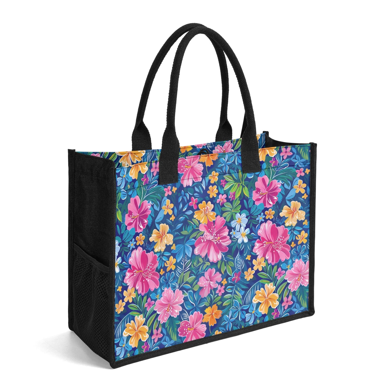 Tropical Sunrise Bloom: Pink Watercolor Flowers with Yellow and Blue Accents Structured Button Closure Canvas Tote Bag in 2 Sizes