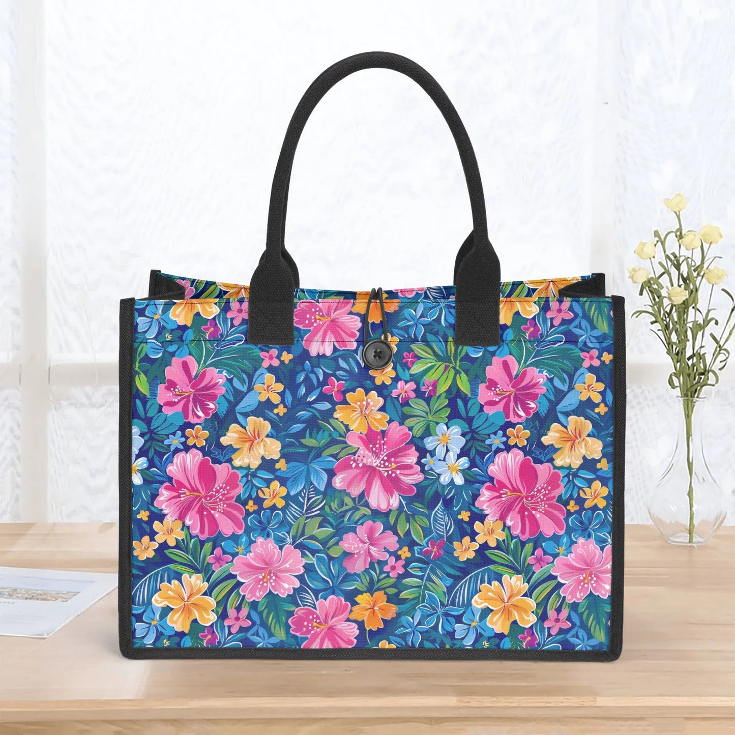 Tropical Sunrise Bloom: Pink Watercolor Flowers with Yellow and Blue Accents Structured Button Closure Canvas Tote Bag in 2 Sizes