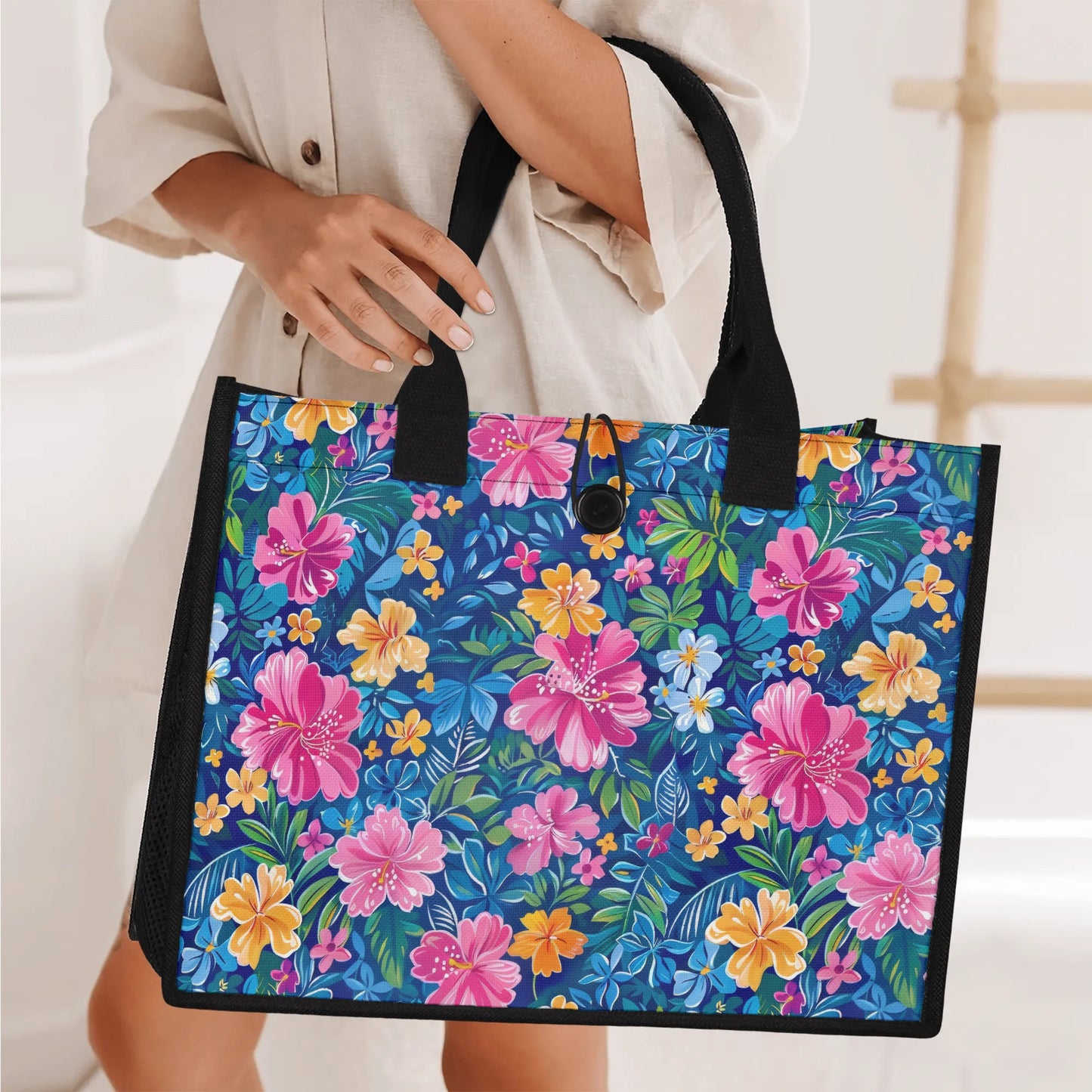 Tropical Sunrise Bloom: Pink Watercolor Flowers with Yellow and Blue Accents Structured Button Closure Canvas Tote Bag in 2 Sizes