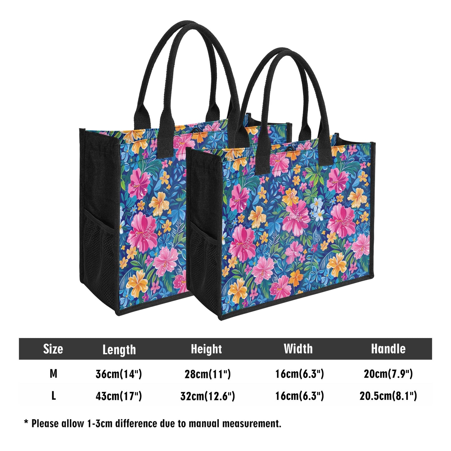 Tropical Sunrise Bloom: Pink Watercolor Flowers with Yellow and Blue Accents Structured Button Closure Canvas Tote Bag in 2 Sizes