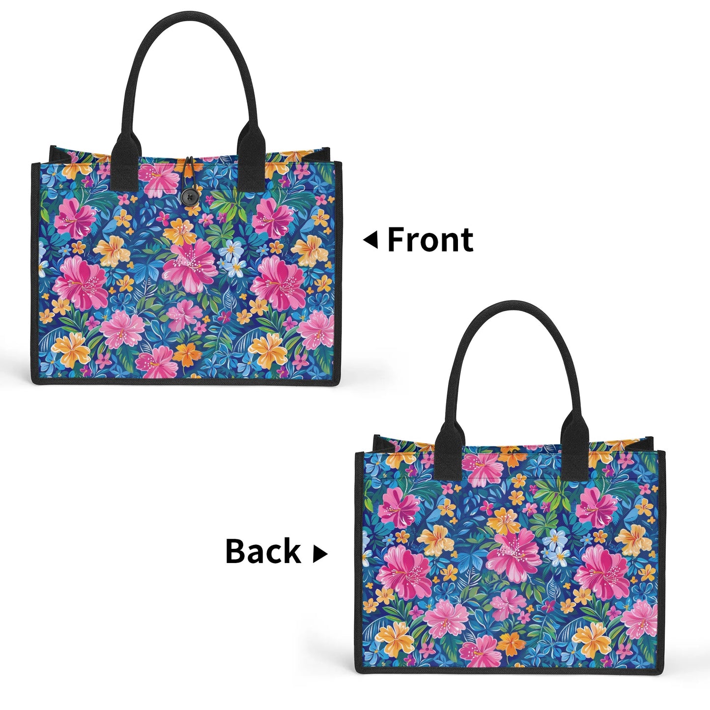 Tropical Sunrise Bloom: Pink Watercolor Flowers with Yellow and Blue Accents Structured Button Closure Canvas Tote Bag in 2 Sizes