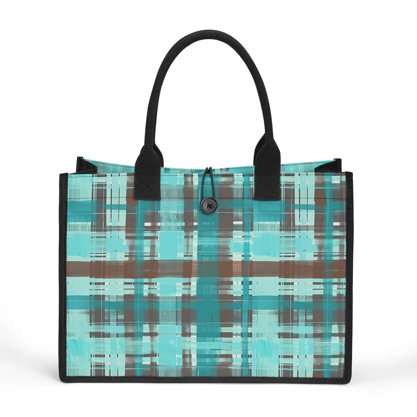 Bold Abstract Watercolor Plaid in Shades of Green and Brown Structured Button Closure Canvas Tote Bag in 2 Sizes