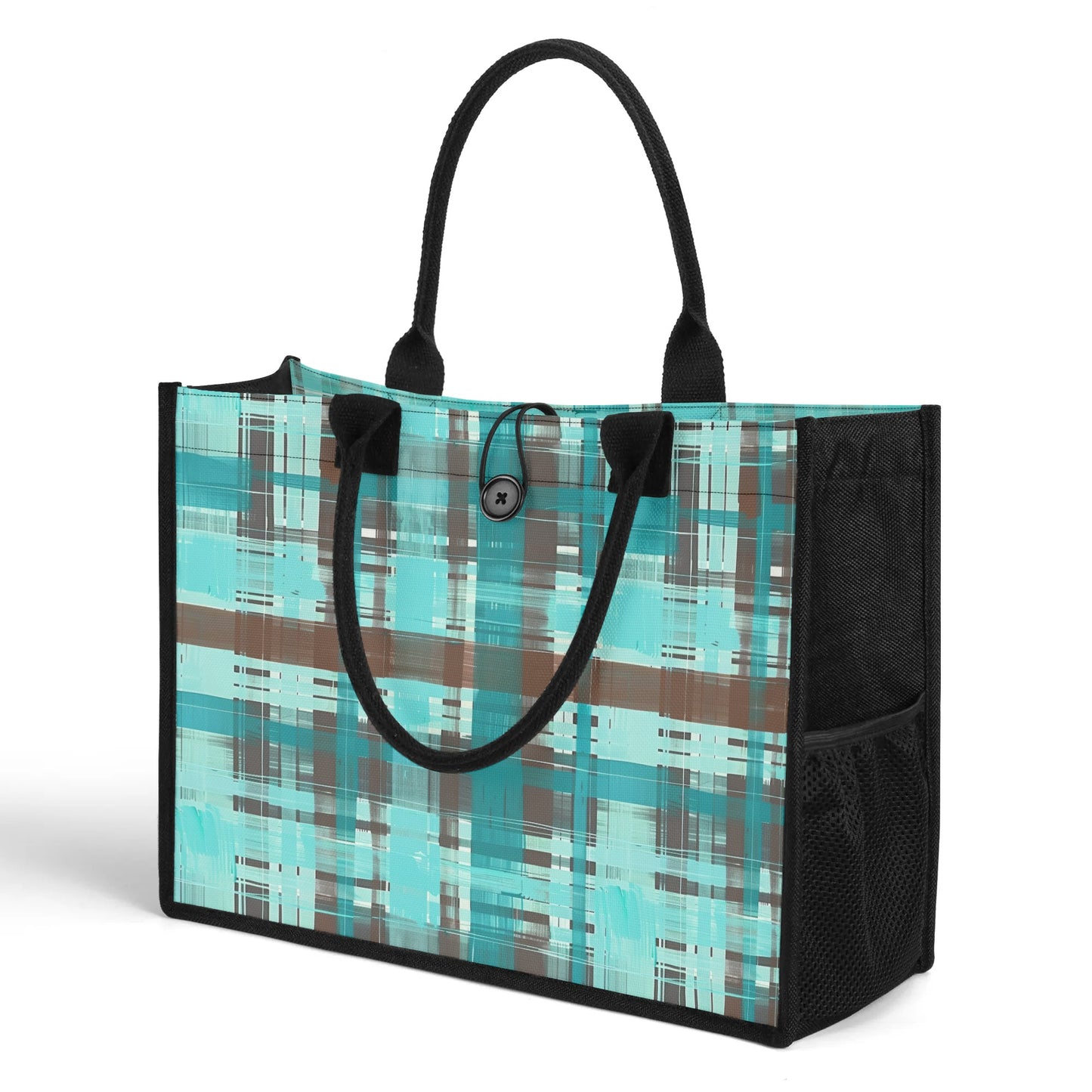 Bold Abstract Watercolor Plaid in Shades of Green and Brown Structured Button Closure Canvas Tote Bag in 2 Sizes