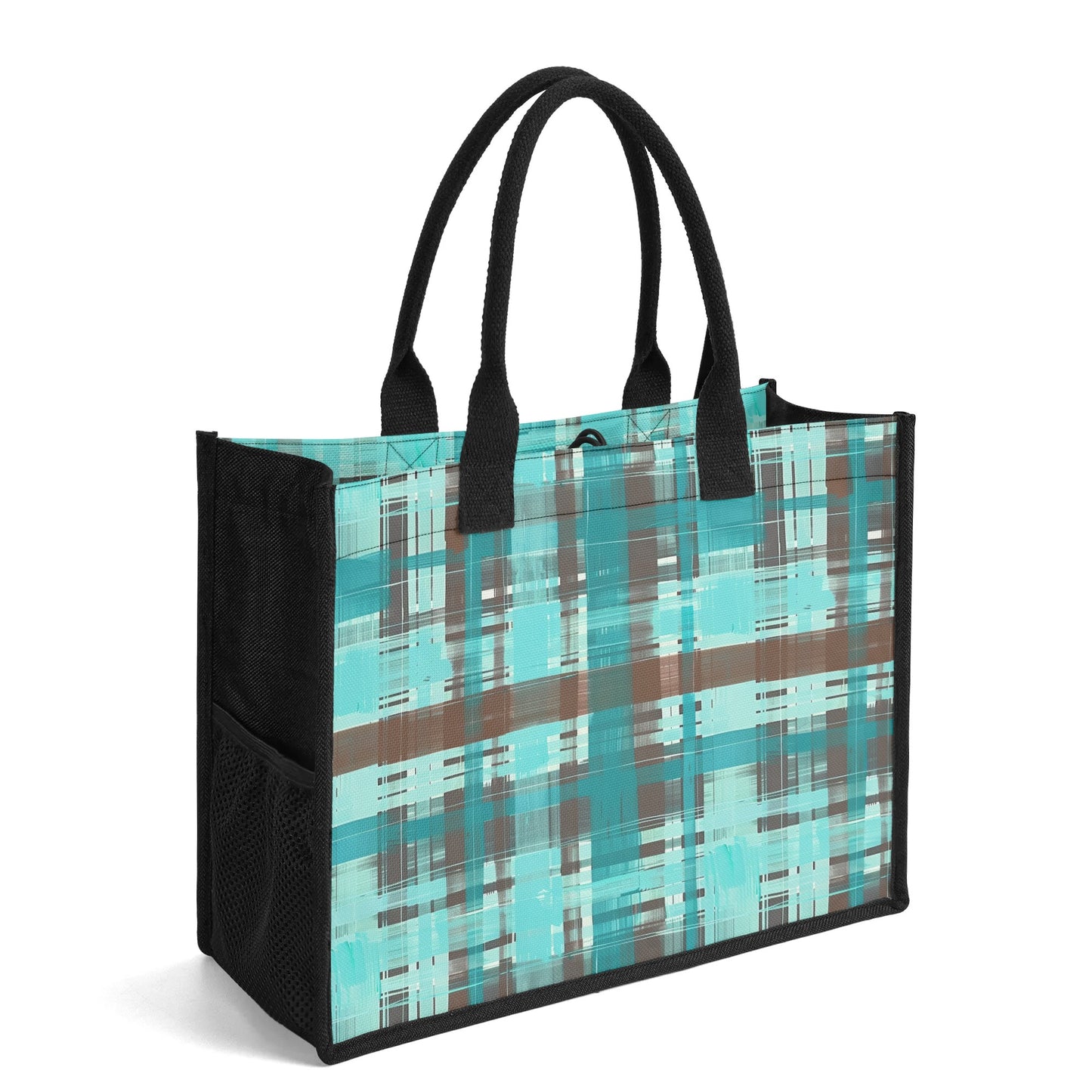 Bold Abstract Watercolor Plaid in Shades of Green and Brown Structured Button Closure Canvas Tote Bag in 2 Sizes