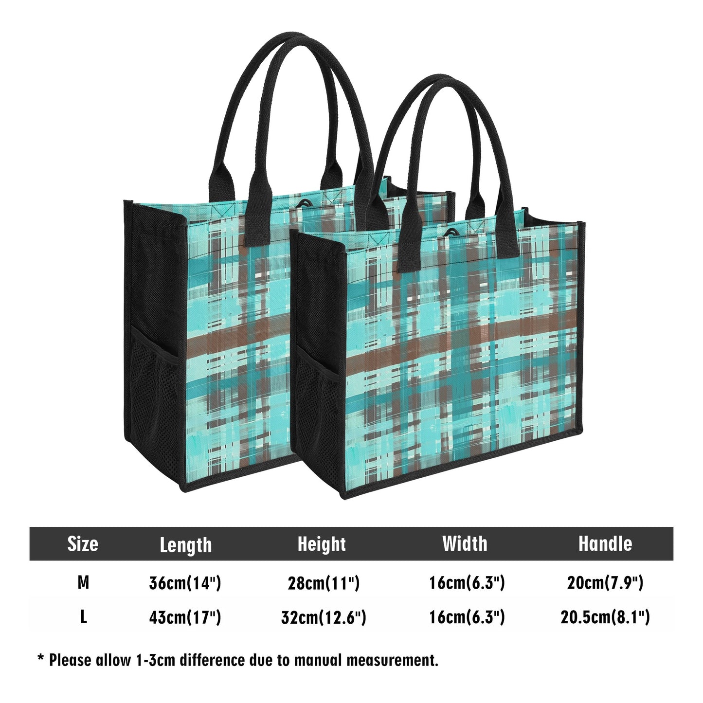 Bold Abstract Watercolor Plaid in Shades of Green and Brown Structured Button Closure Canvas Tote Bag in 2 Sizes