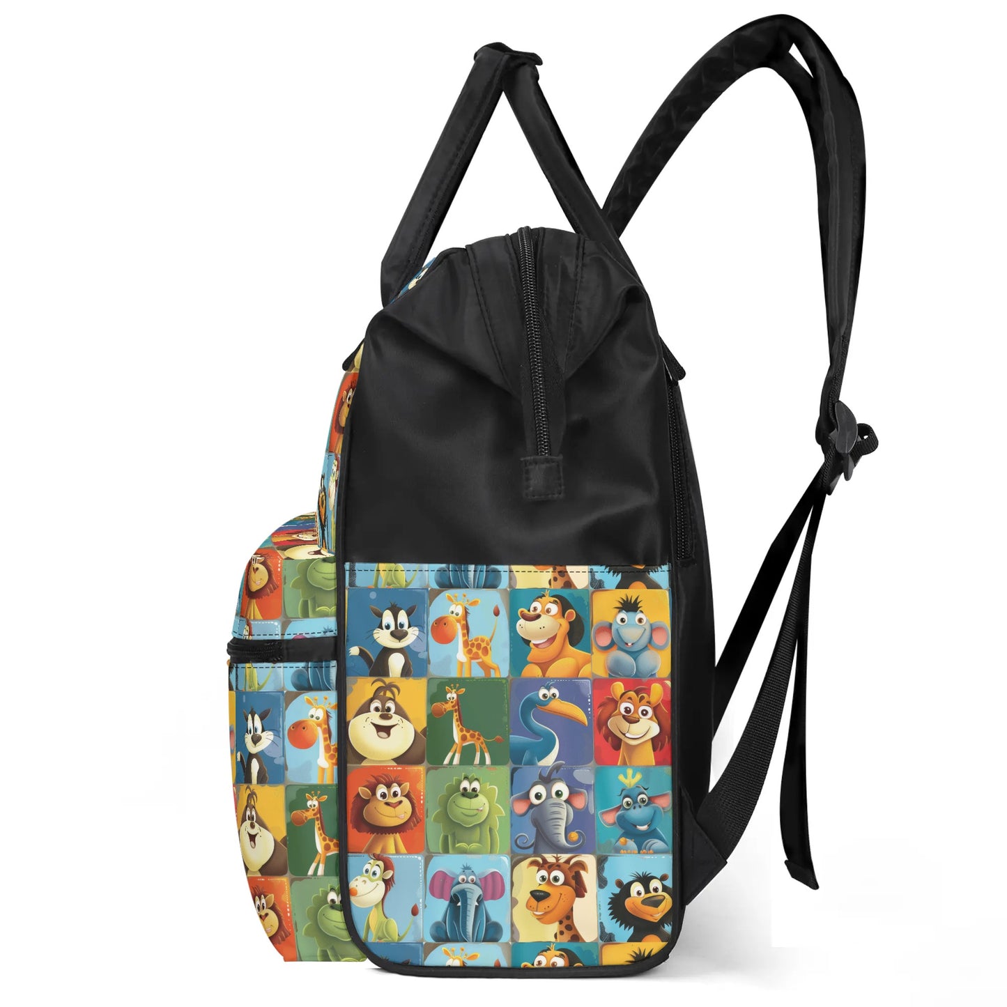 Cartoon Animals in a Vibrant Patchwork Wonderland Large Capacity Backpack Diaper Nursing Bag