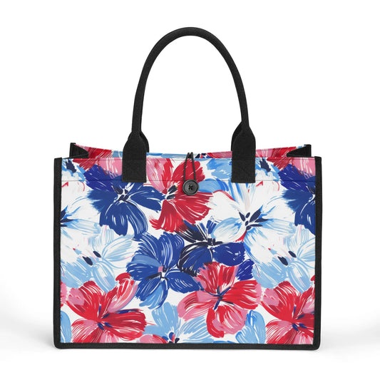 Americana Blooms: Large Watercolor Flowers in Red, White, and Blue Structured Button Closure Canvas Tote Bag in 2 Sizes