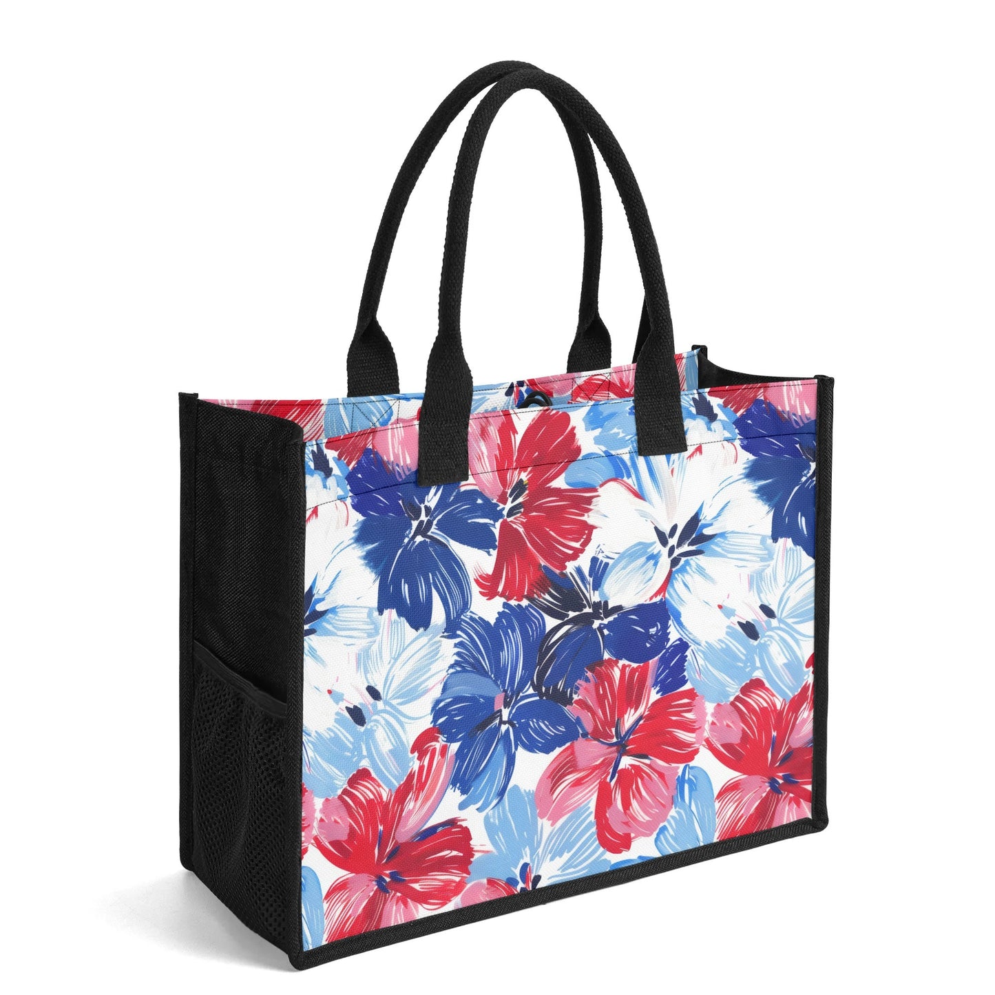 Americana Blooms: Large Watercolor Flowers in Red, White, and Blue Structured Button Closure Canvas Tote Bag in 2 Sizes