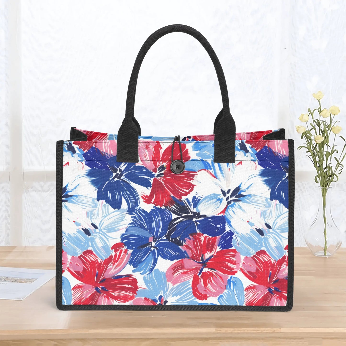 Americana Blooms: Large Watercolor Flowers in Red, White, and Blue Structured Button Closure Canvas Tote Bag in 2 Sizes