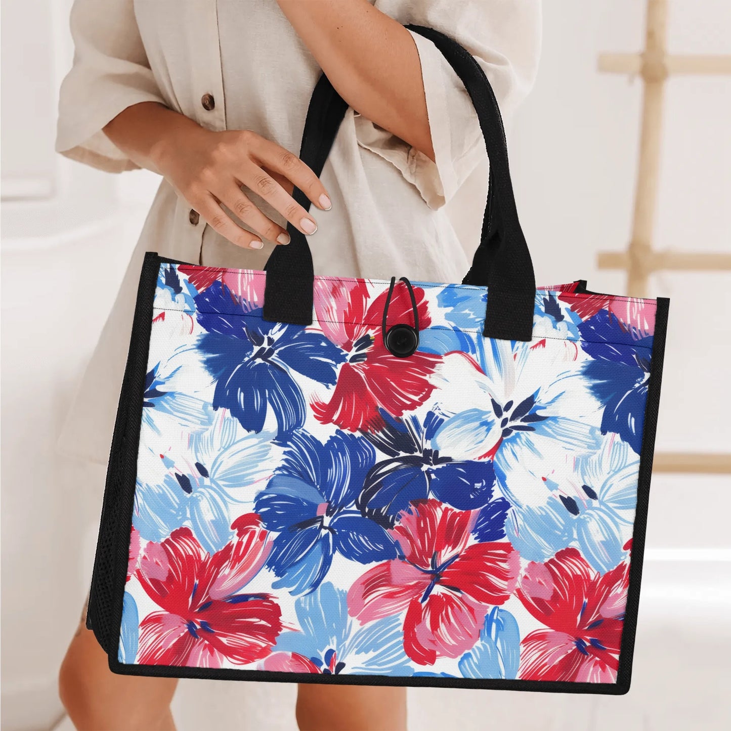 Americana Blooms: Large Watercolor Flowers in Red, White, and Blue Structured Button Closure Canvas Tote Bag in 2 Sizes