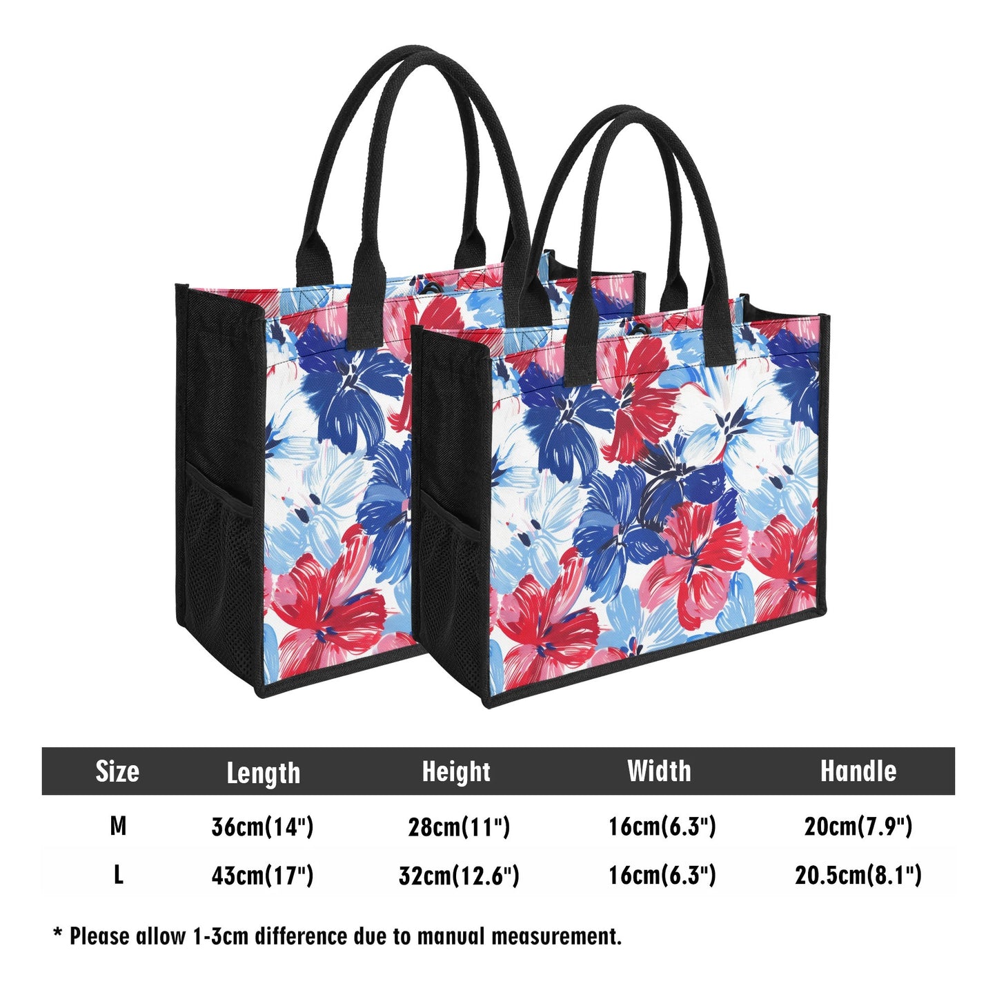 Americana Blooms: Large Watercolor Flowers in Red, White, and Blue Structured Button Closure Canvas Tote Bag in 2 Sizes