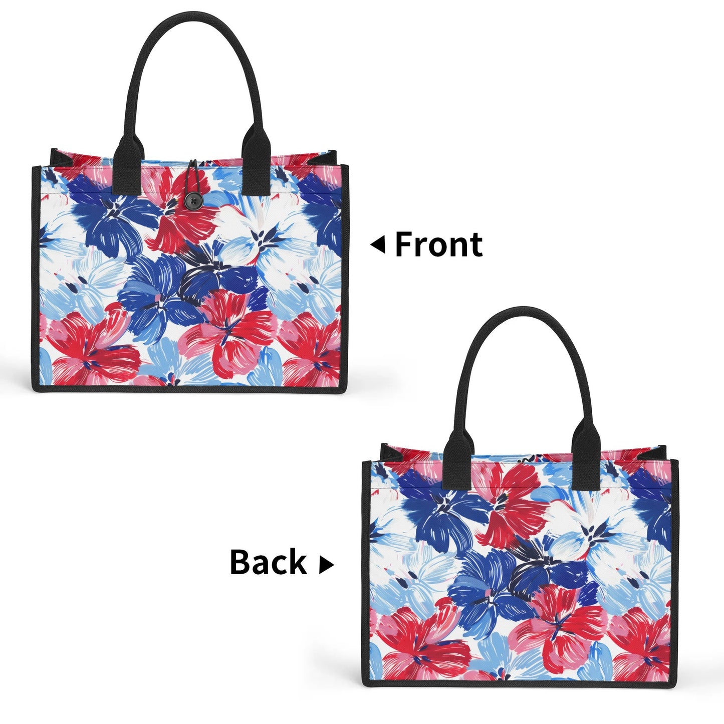 Americana Blooms: Large Watercolor Flowers in Red, White, and Blue Structured Button Closure Canvas Tote Bag in 2 Sizes