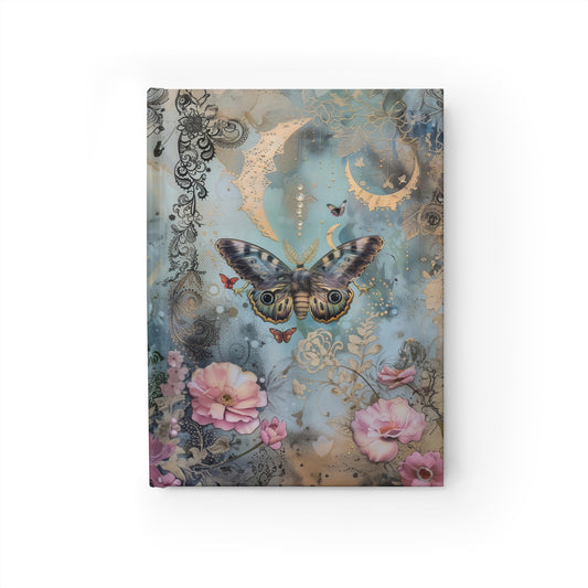 Mystical Butterfly and Pink & Teal Flowers Celestial Crescent Moon - Hardcover Ruled Line Journal 5" x 7"