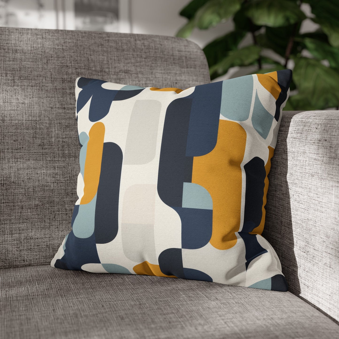 Modern Retro with Bold Geometric Pattern in Mustard and Navy Spun Polyester Square Pillowcase 4 Sizes