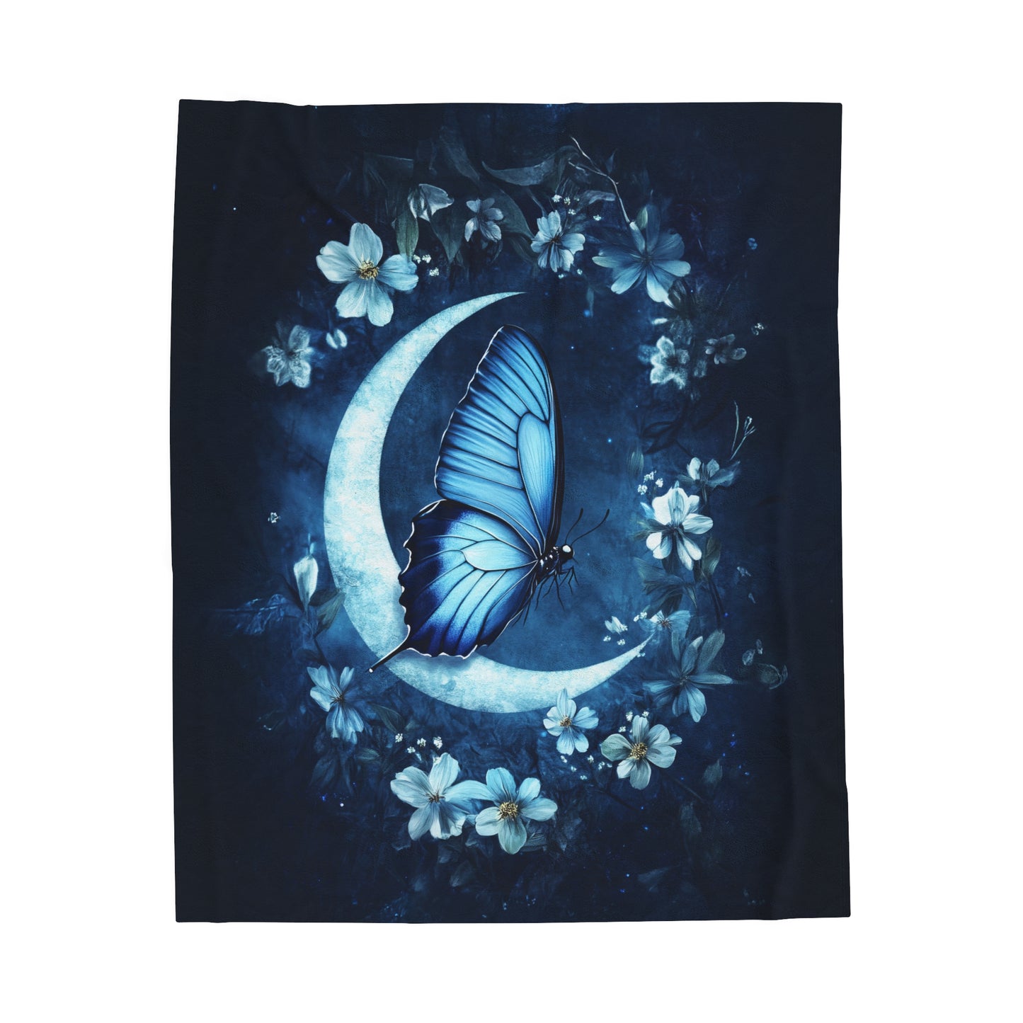 Celestial Blue Butterfly on a Crescent Moon Amidst Starlit Flowers Velveteen Plush Blanket 3 Sizes