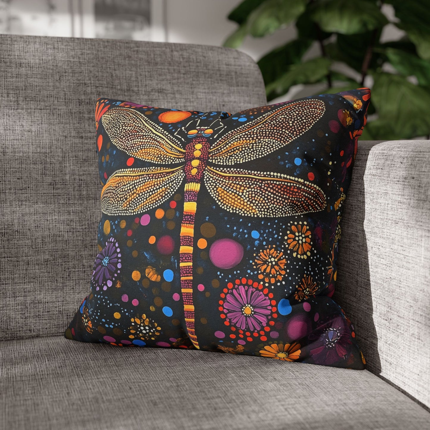 Vibrant Dragonfly Amidst a Kaleidoscope of Dot-Painted Blooms Spun Polyester Square Pillowcase 4 Sizes