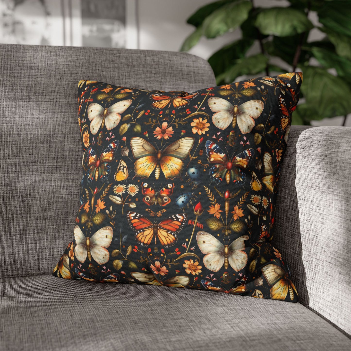 Enchanted Garden of Butterflies and Botanicals in Rich Autumn Hues on a Deep Night Background Polyester Square Pillowcase 4 Sizes