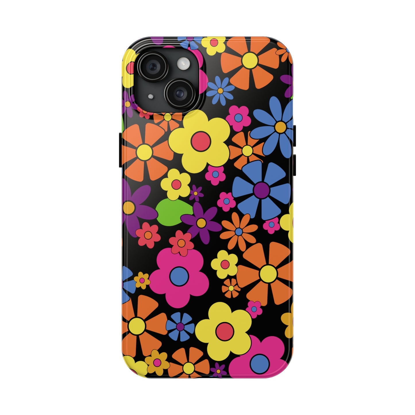 Flower Power Design on Black Background Iphone Tough Phone Case