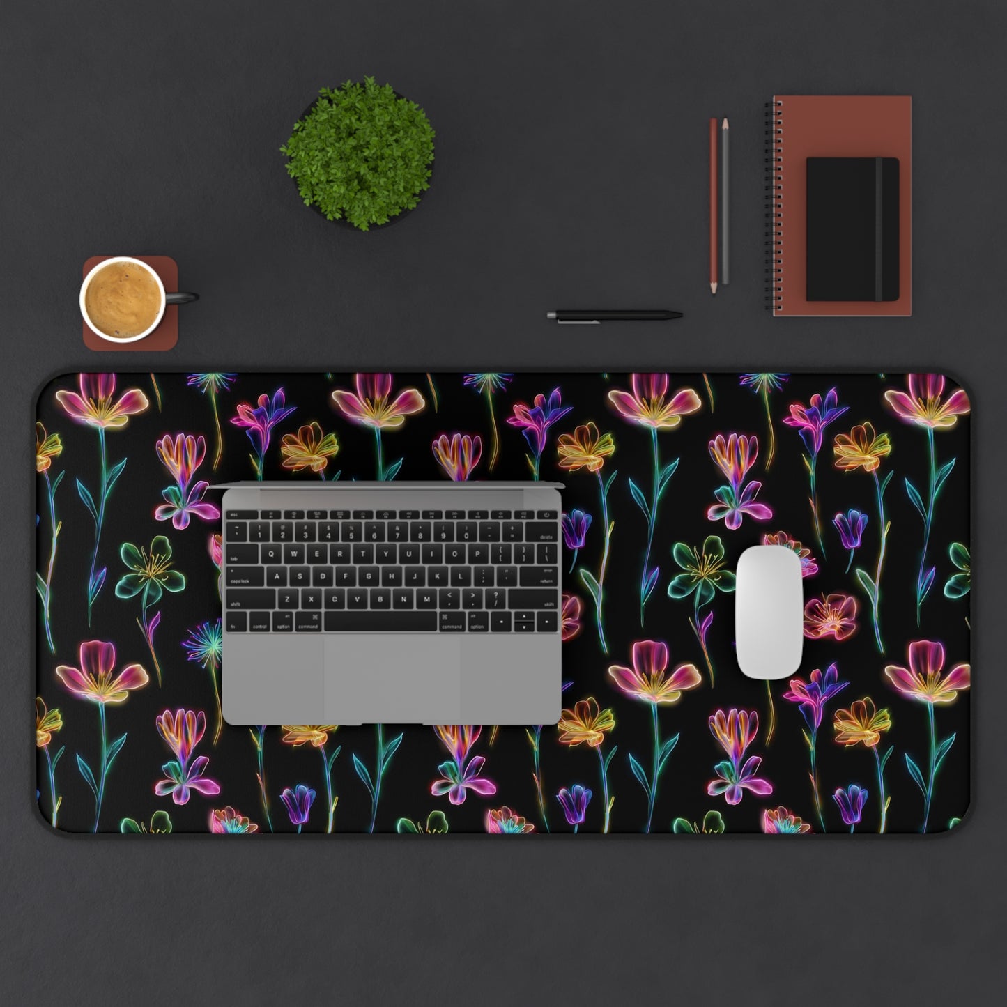 Neon Spring Flowers Deskmat , Floral Dark Desk Decoration, Floral Large Mousepad, Gaming Desk Mat, Desktop Accessory