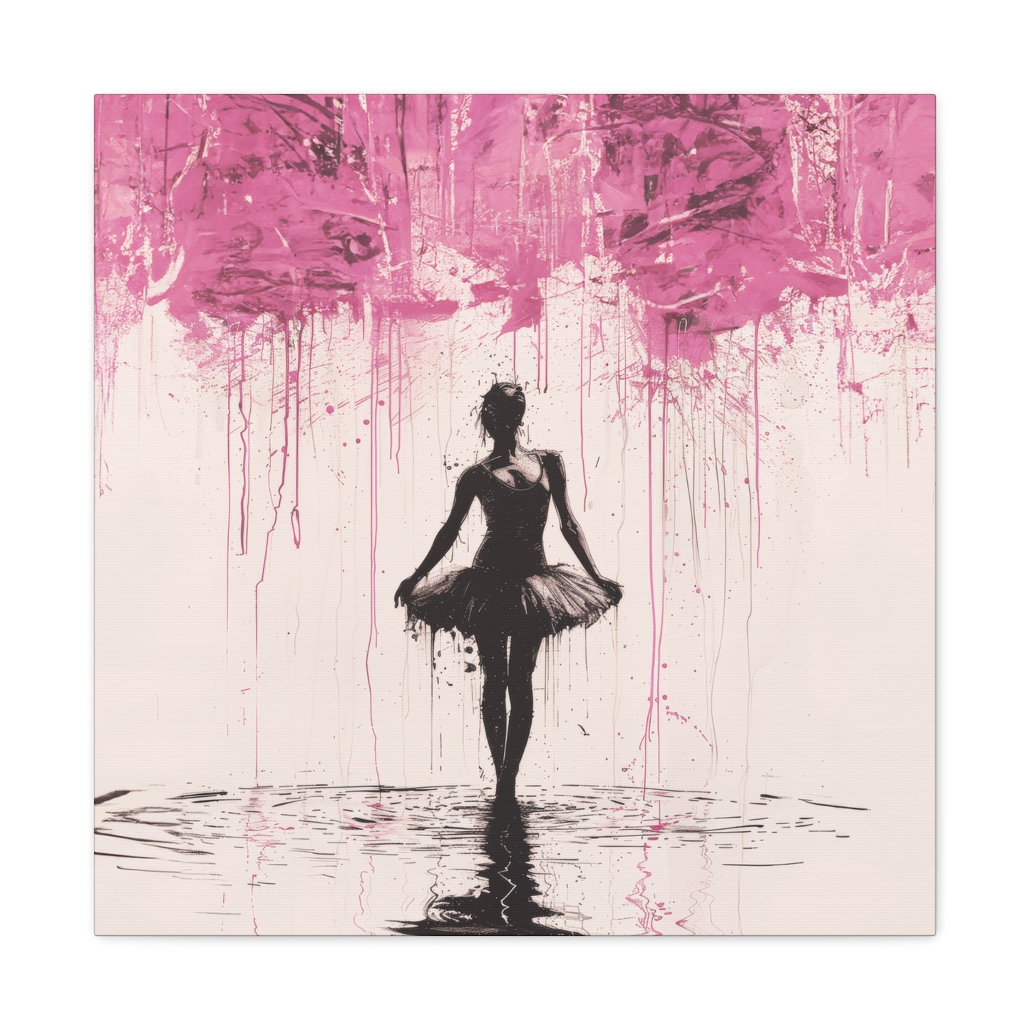 Dreamlike Reverie: Ballerina Dancing Amidst Pink Clouds and Gentle Rain Print on Canvas Gallery - 13 Sizes