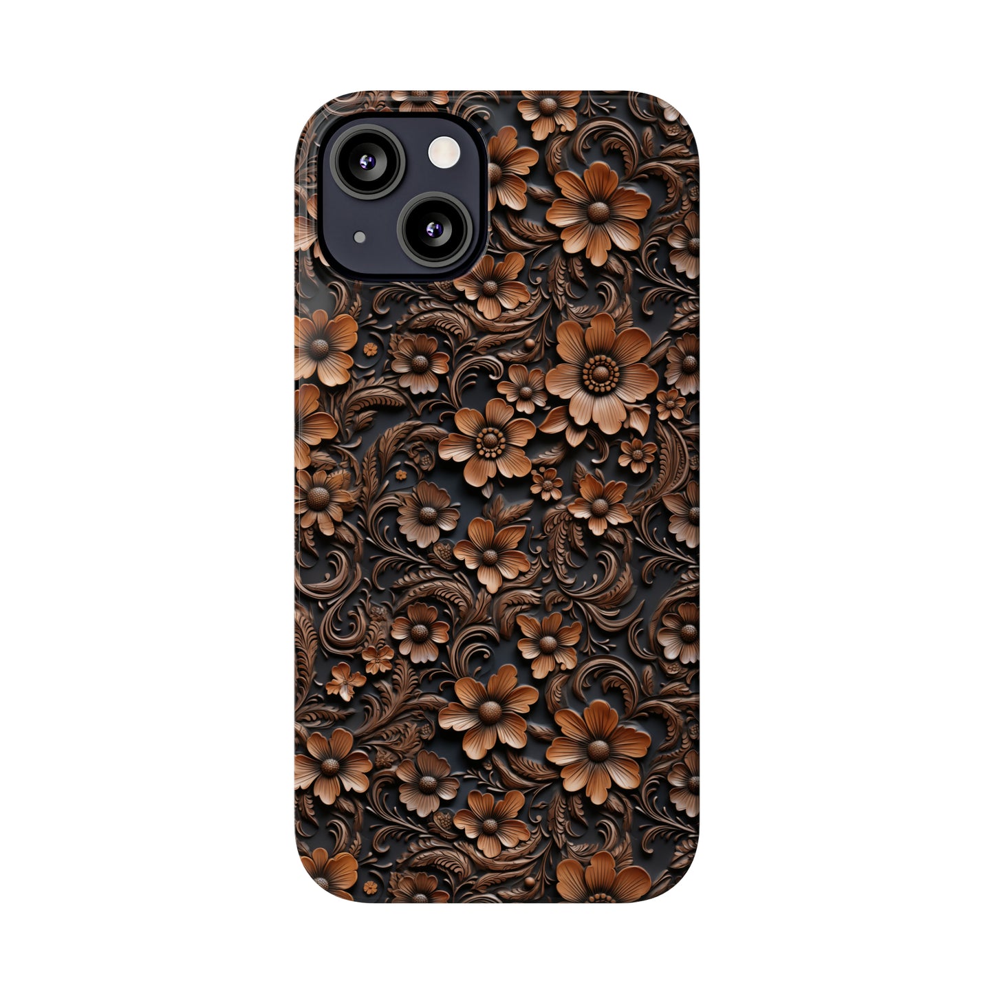 Tooled Deep Brown Leather Flowers Print Design Iphone 15-12 Slim Phone Case