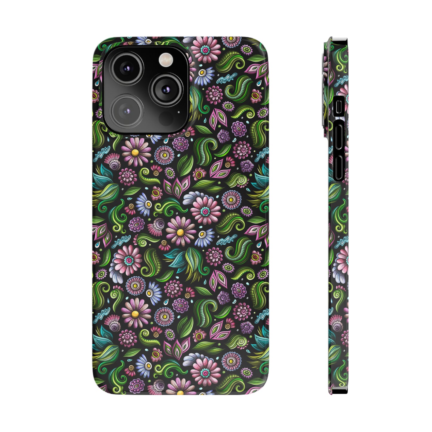 Purple & Pink Daisy Floral Print on Black Background Iphone 15-12 Slim Phone Case