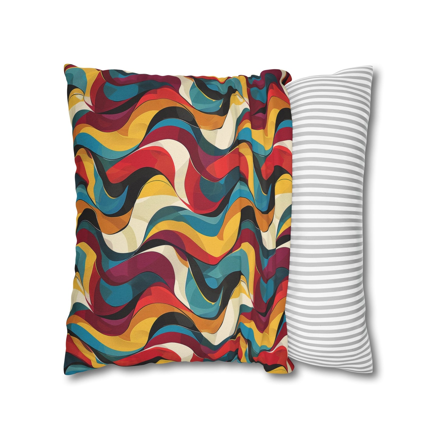 Retro Chic Vintage Blues, Reds and Yellow Waves Spun Polyester Square Pillowcase 4 Sizes