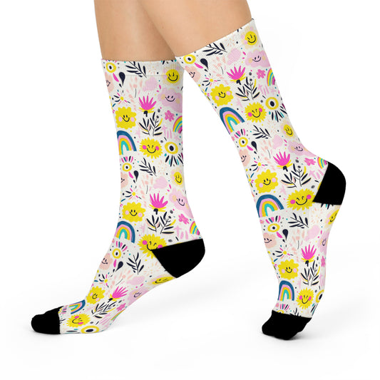 Retro Joy of Whimsical Smiling Flowers, Rainbows, and Playful Patterns Cushioned Crew Socks