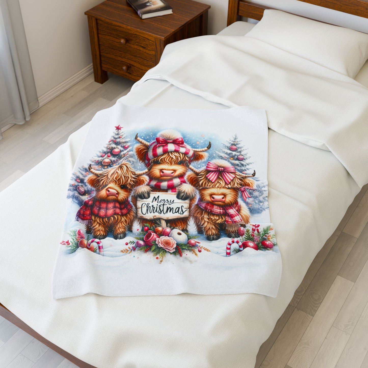 Baby Highland Cows Merry Christmas Peppermint Holiday Velveteen Plush Blanket 3 Sizes