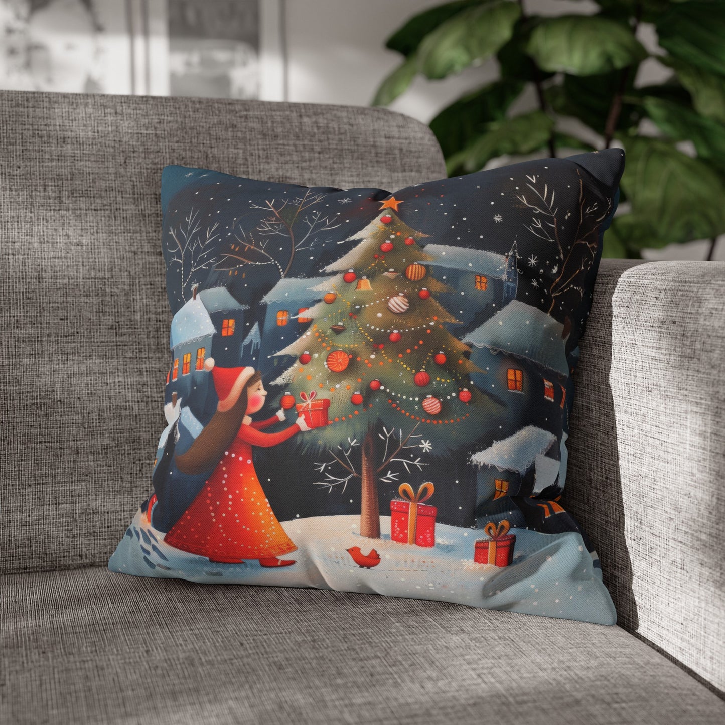 Joyful Surprise: Little Girl Admiring Christmas Tree with Presents Spun Polyester Square Pillowcase 4 Sizes