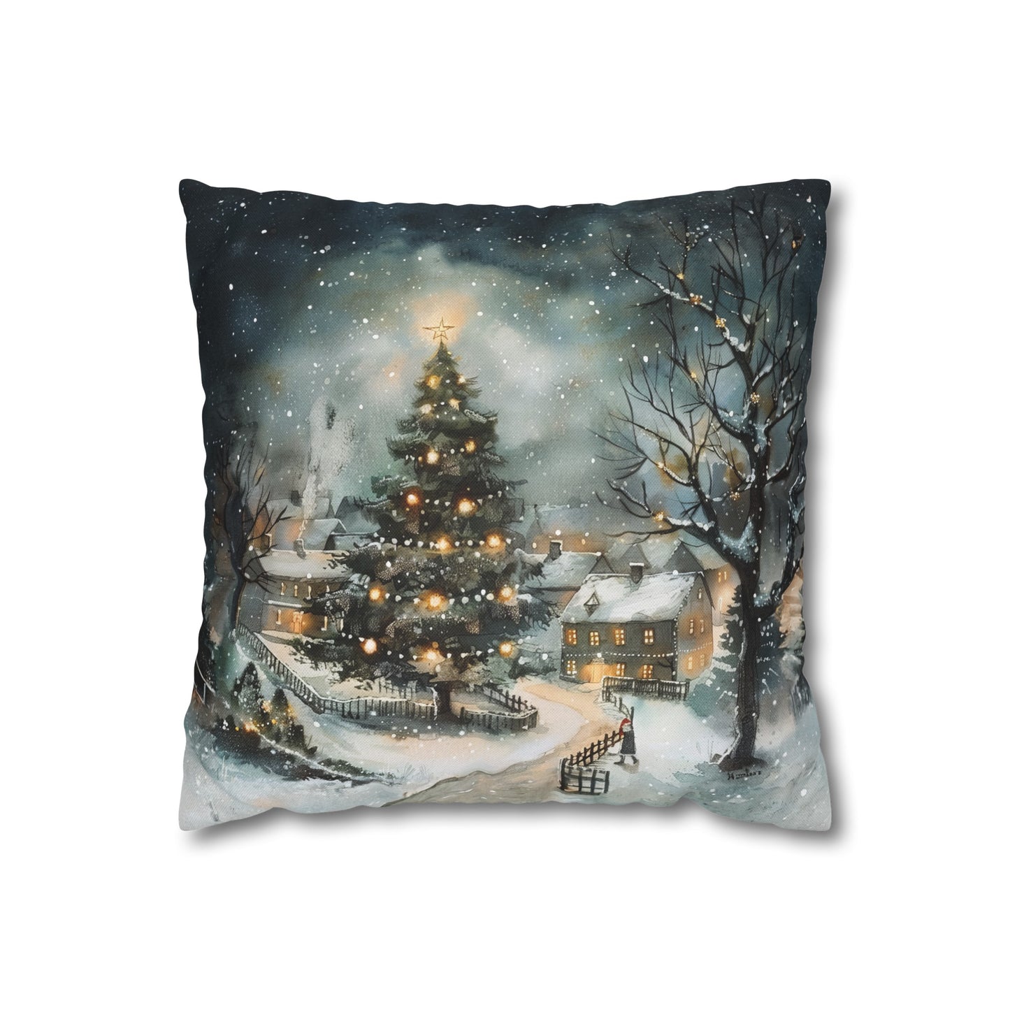 Winter Wonderland Glow: Christmas Tree Illuminating a Snowy Village Spun Polyester Square Pillowcase 4 Sizes