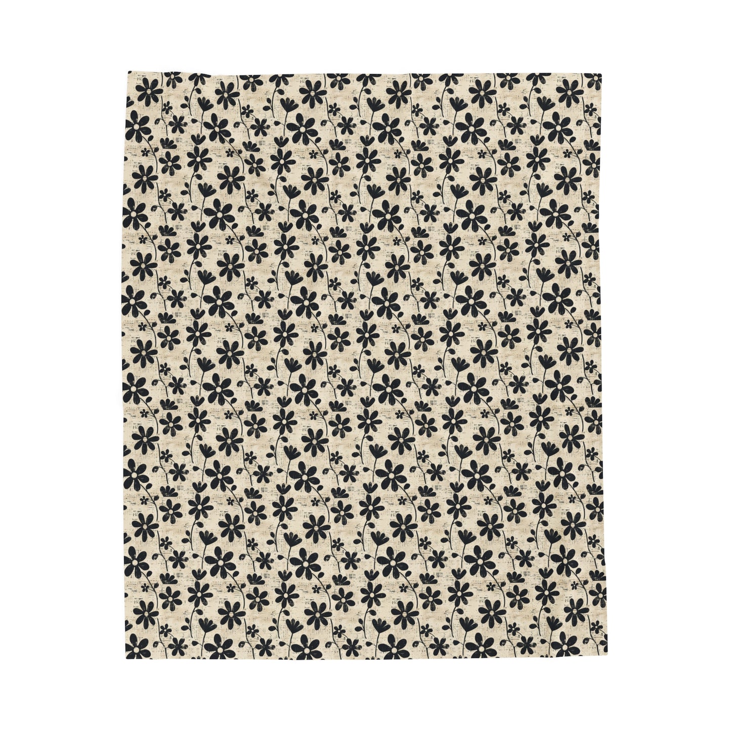 Distressed Black Floral on Beige Background Velveteen Plush Blanket 3 Sizes