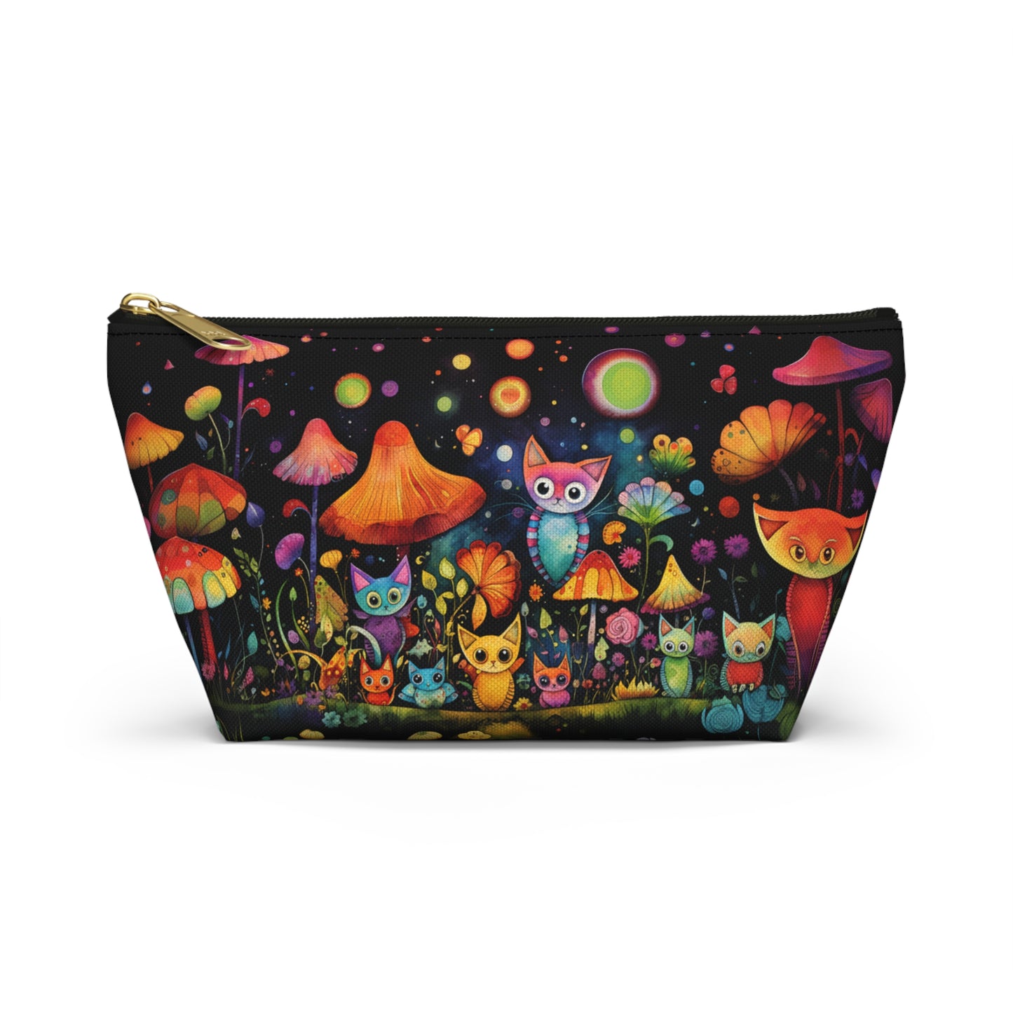 Mystical Cats Amidst a Garden of Flowers and Mushrooms, Beneath a Starry Sky - Makeup & Accessory Bag 2 Sizes