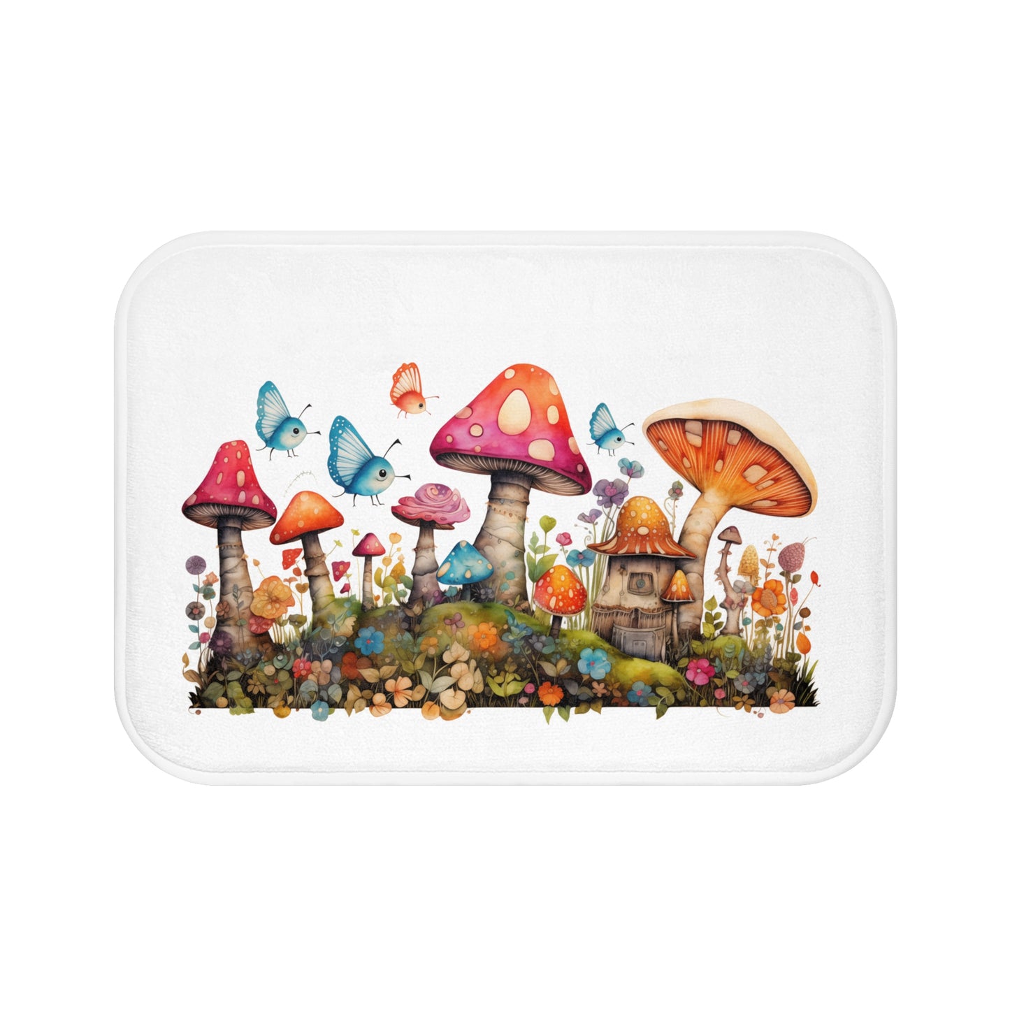 Enchanting Mushroom Cottage Adorned with Butterflies and Toadstools  - Bathroom Non-Slip Mat 2 Sizes