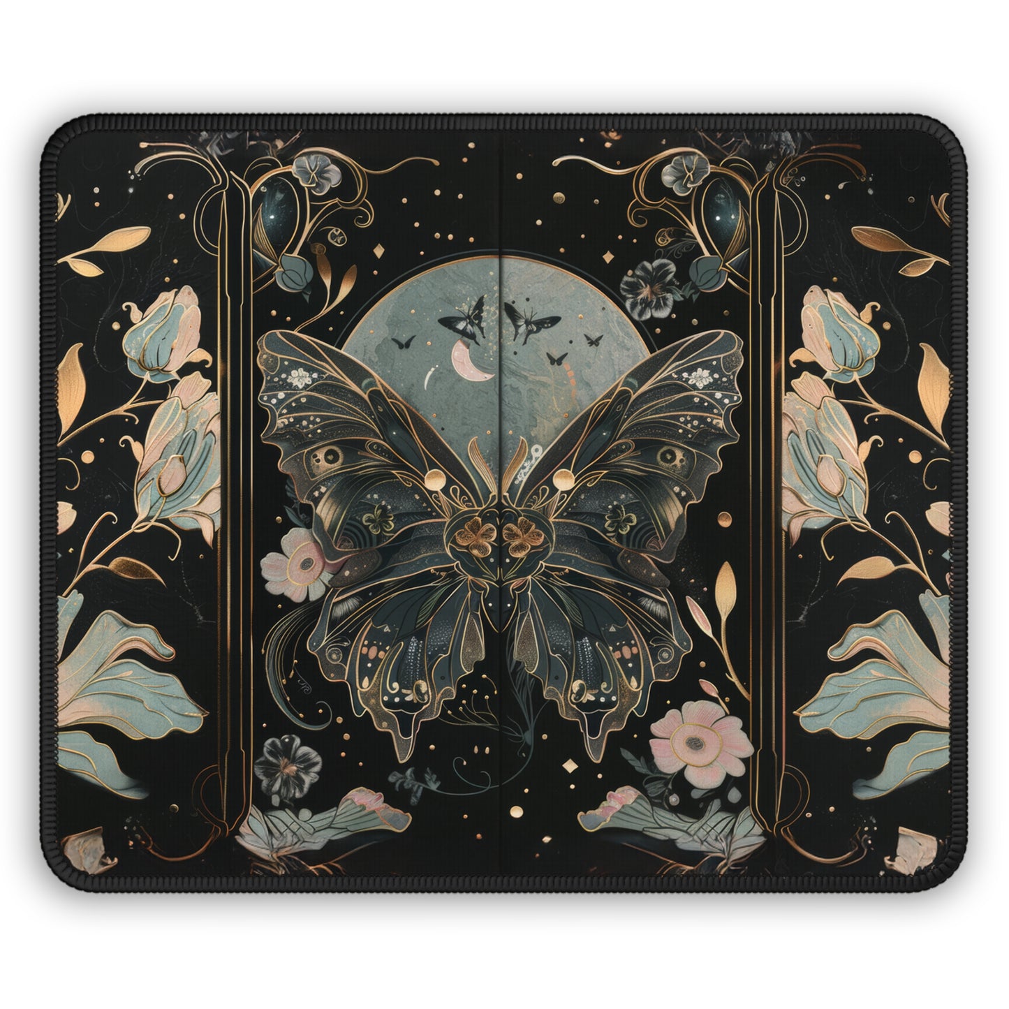 Golden Nocturne Art Nouveau Butterfly and Moonlit Floral Gaming Mouse Pad with Finished Edges