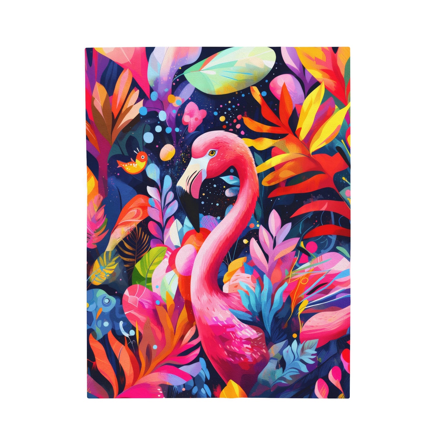 Vibrant Flamingo in a Jungle of Bold Colors and Leaves Velveteen Plush Blanket 3 Sizes