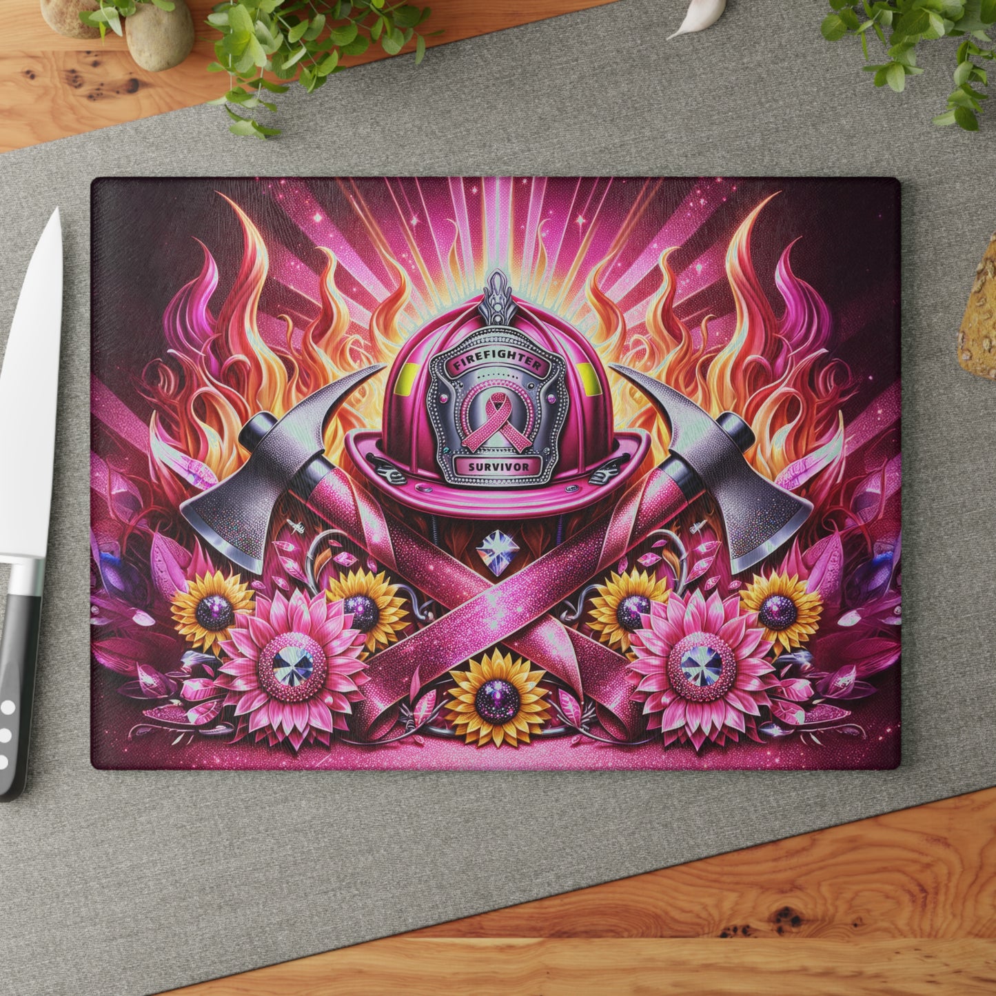 Breast Cancer Pink Ribbon Firefighter Sunflowers Awareness Glass Cutting Board, Charcuterie Serving Tray 2 Sizes