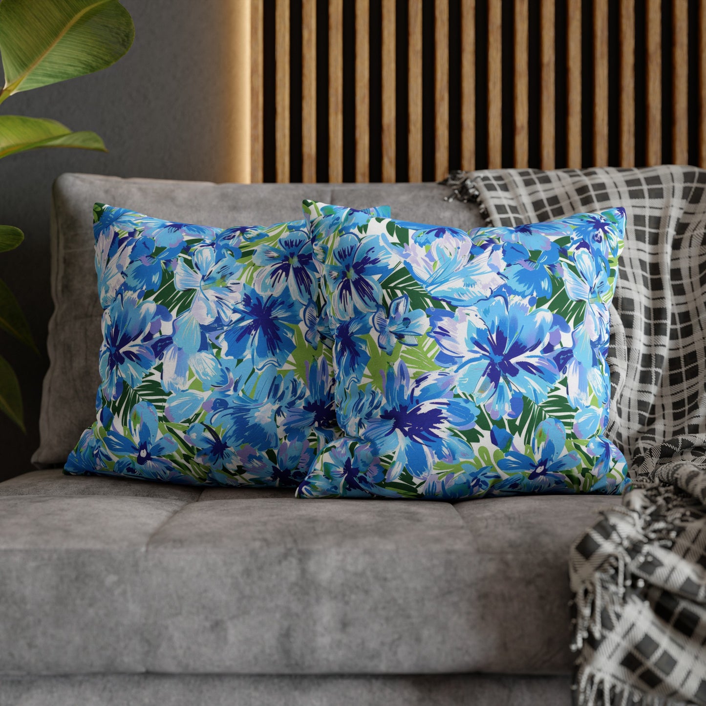 Azure Bloom Oasis: Bright Blue Large Flowers with Lush Green Palm Leaves Spun Polyester Square Pillowcase 4 Sizes