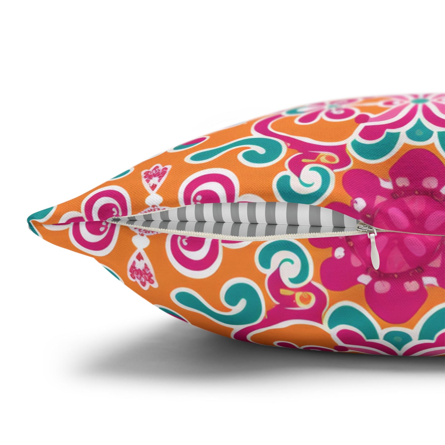 Kaleidoscope of Warm Tangerine, Lush Teal, and Lively Pink Blooms Polyester Square Pillowcase 4 Sizes