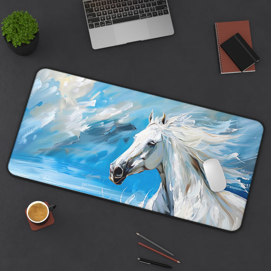 Majestic White Stallion Galloping Along the Ocean's Edge Desk Mat Extended Gaming Mouse Pad - 3 Sizes