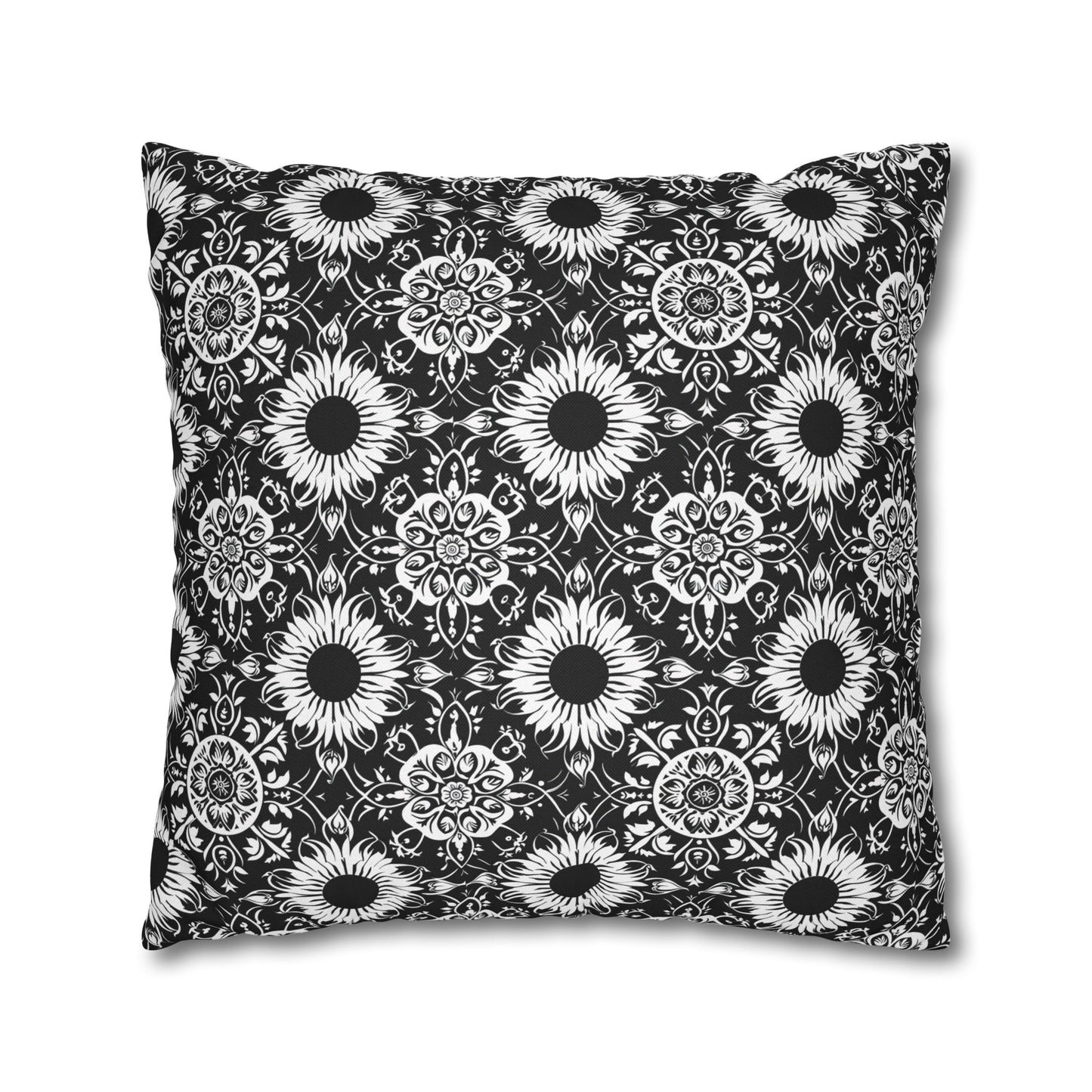 Elegant Mandala Design with Black and White Sunflowers Spun Polyester Square Pillowcase 4 Sizes