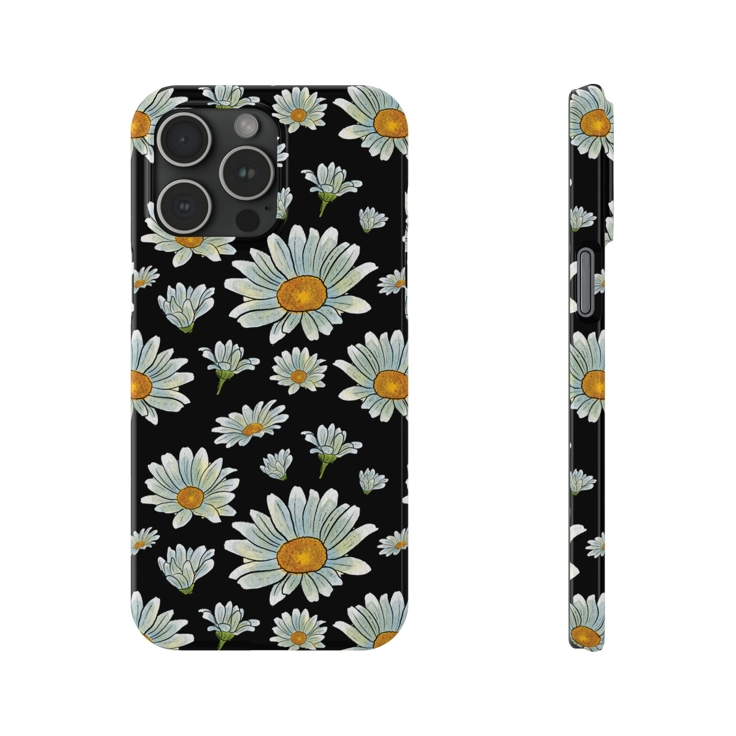 Large Watercolor Summer Daisies Blooming Against a Bold Black Background Iphone 15-12 Slim Phone Case