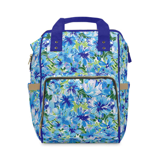 Azure Bloom Oasis: Bright Blue Large Flowers with Lush Green Palm Leaves Multifunctional Diaper Backpack