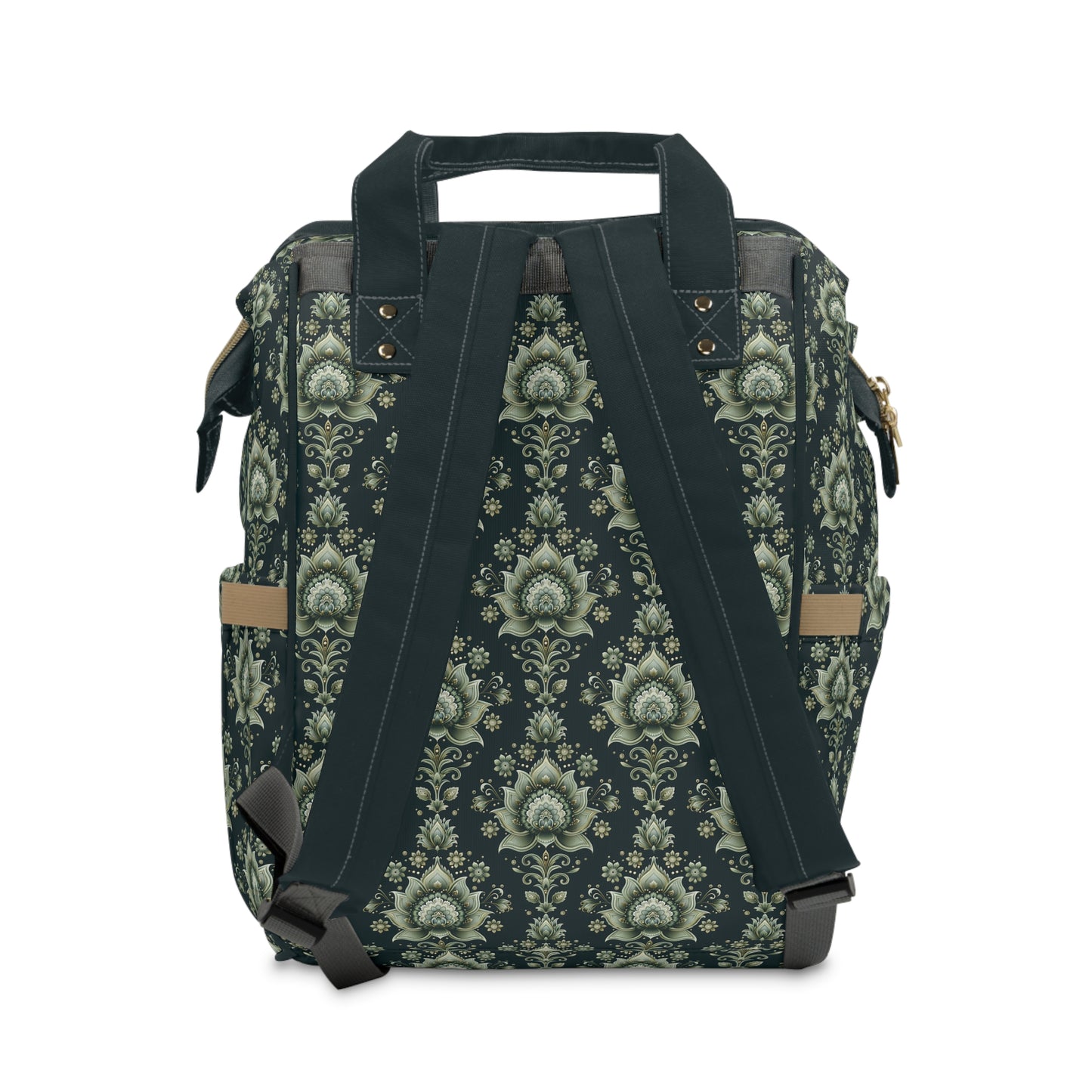 Ornate Green Mandala with Golden Accents on Dark Background Multifunctional Diaper Backpack